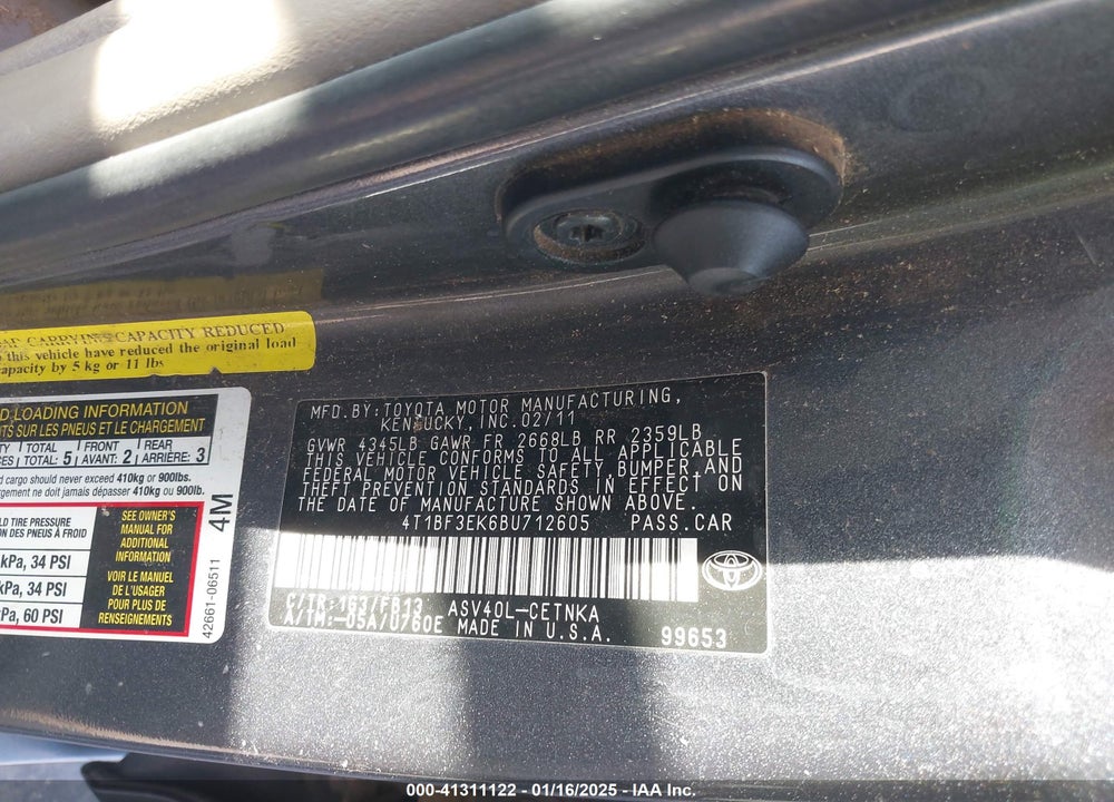 2011 TOYOTA CAMRY VIN: 4T1BF3EK6BU712605