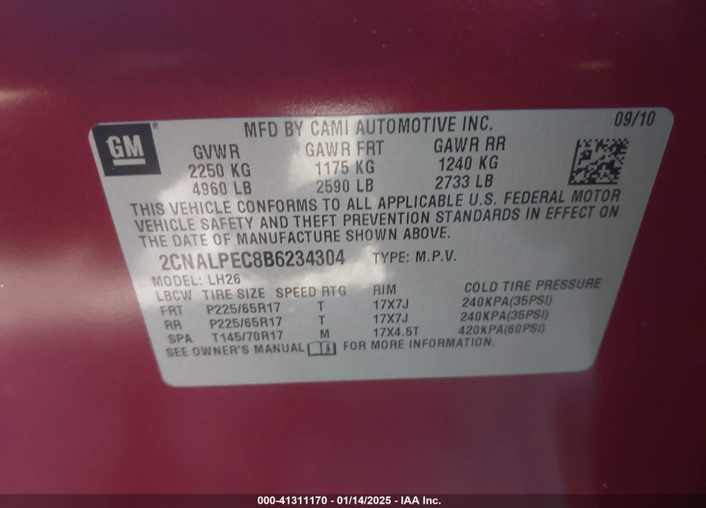 2011 CHEVROLET EQUINOX 2LT VIN: 2CNALPEC8B6234304