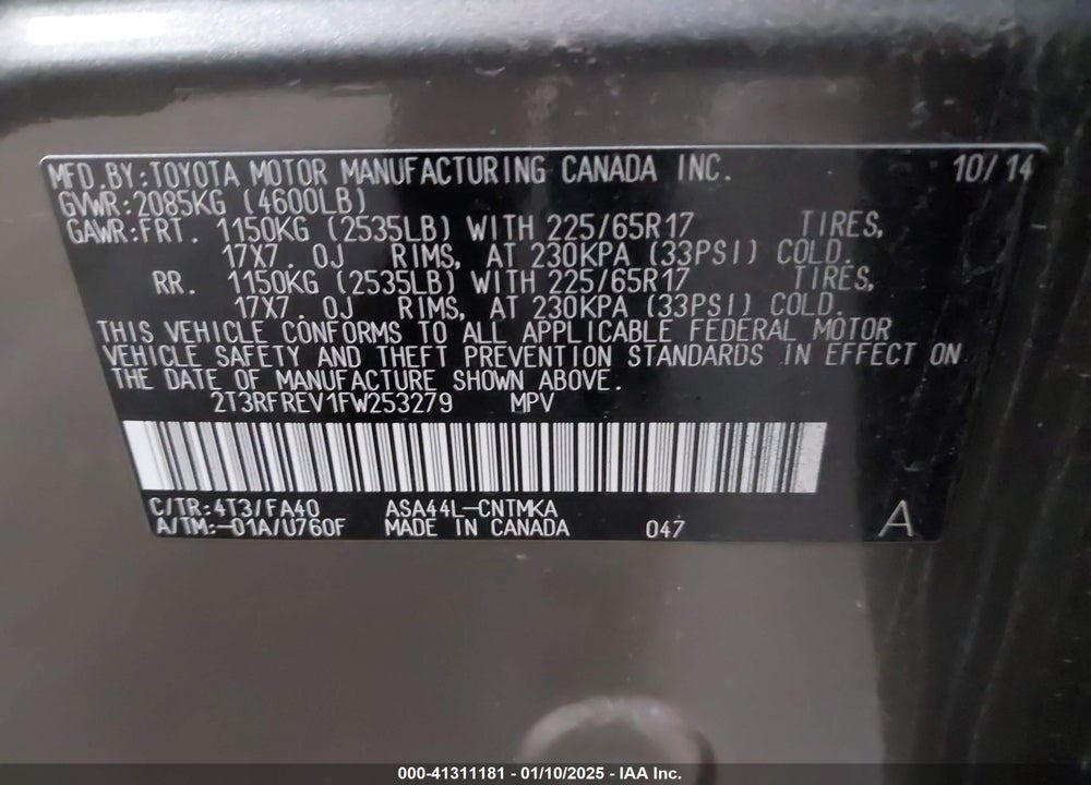 2015 TOYOTA RAV4 XLE VIN: 2T3RFREV1FW253279