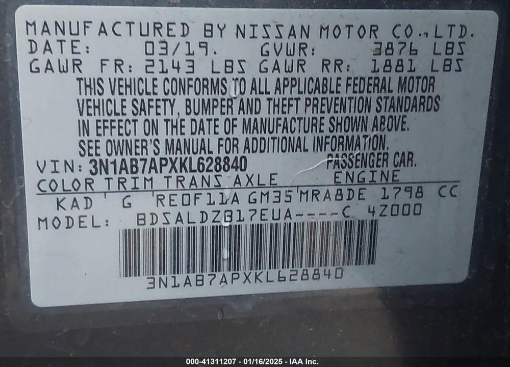 2019 NISSAN SENTRA VIN: 3N1AB7APXKL628840