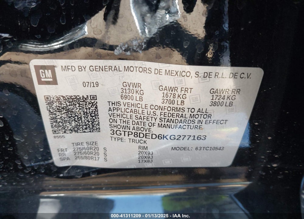 2019 GMC SIERRA VIN: 3GTP8DED6KG277163