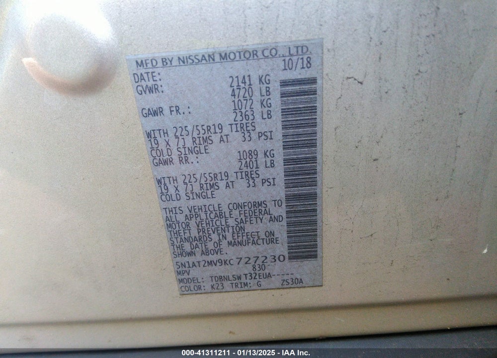 2019 NISSAN ROGUE VIN: 5N1AT2MV9KC727230