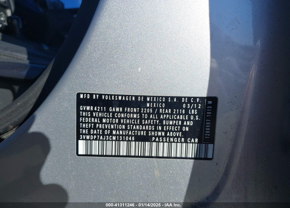 2012 VOLKSWAGEN JETTA 2.5L SE VIN: 3VWDP7AJ3CM131046