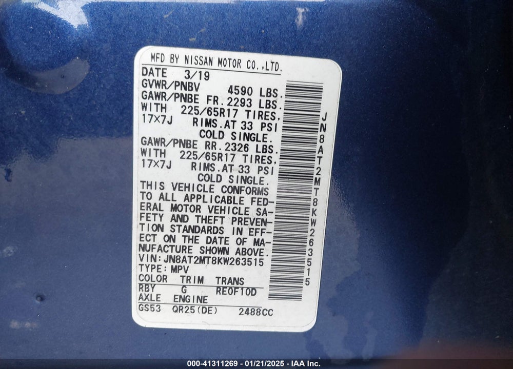 2019 NISSAN ROGUE SV VIN: JN8AT2MT8KW263515