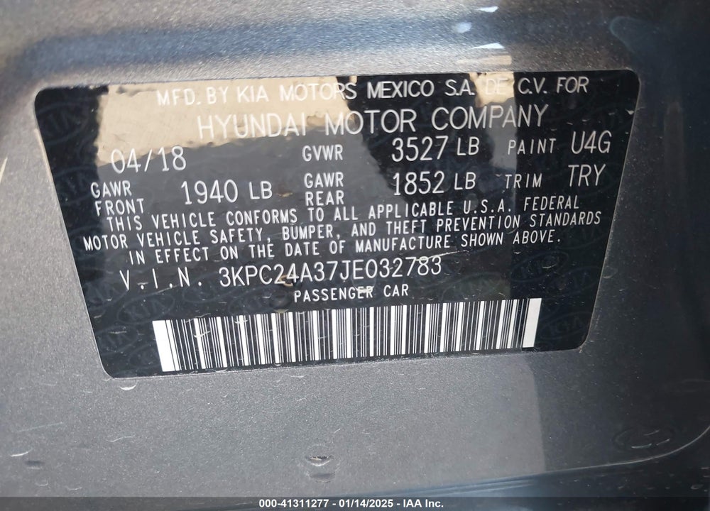2018 HYUNDAI ACCENT VIN: 3KPC24A37JE032783