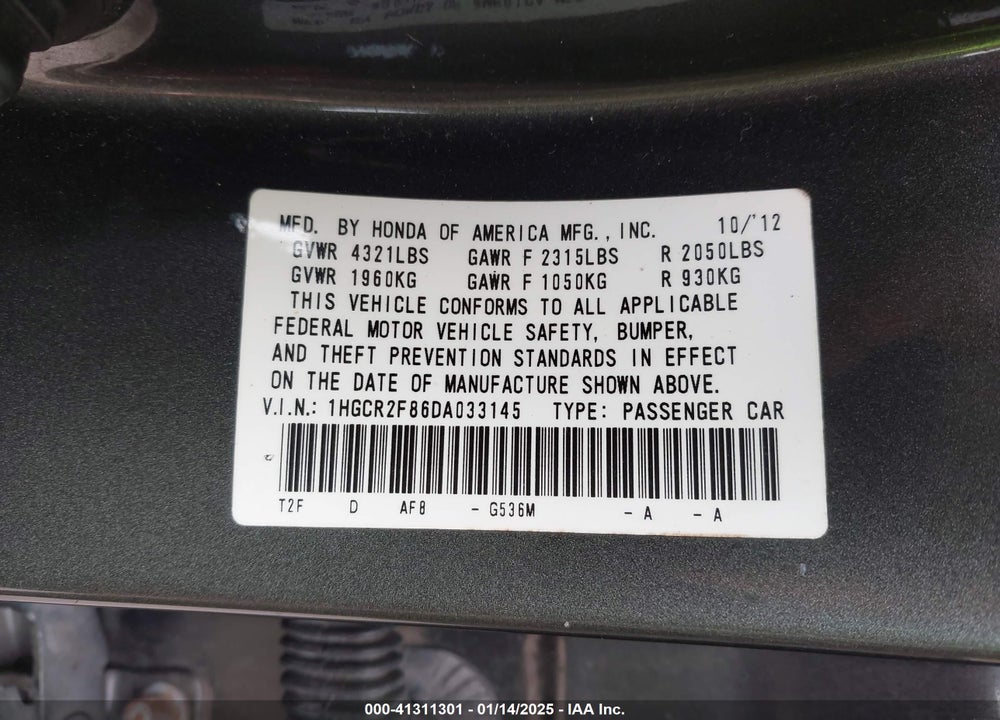 2013 HONDA ACCORD VIN: 1HGCR2F86DA033145