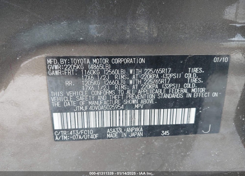 2010 TOYOTA RAV4 VIN: JTMJF4DV0A5025954