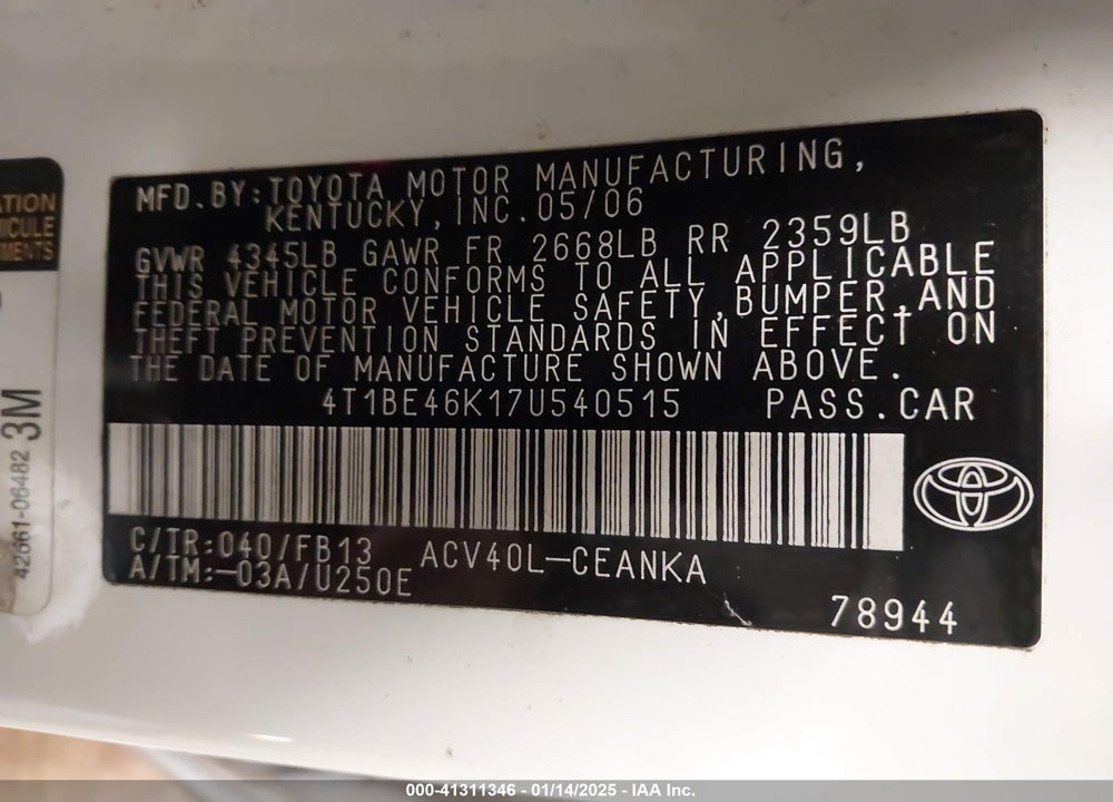 2007 TOYOTA CAMRY LE VIN: 4T1BE46K17U540515