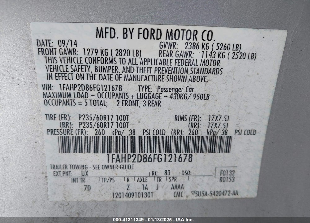 2015 FORD TAURUS VIN: 1FAHP2D86FG121678
