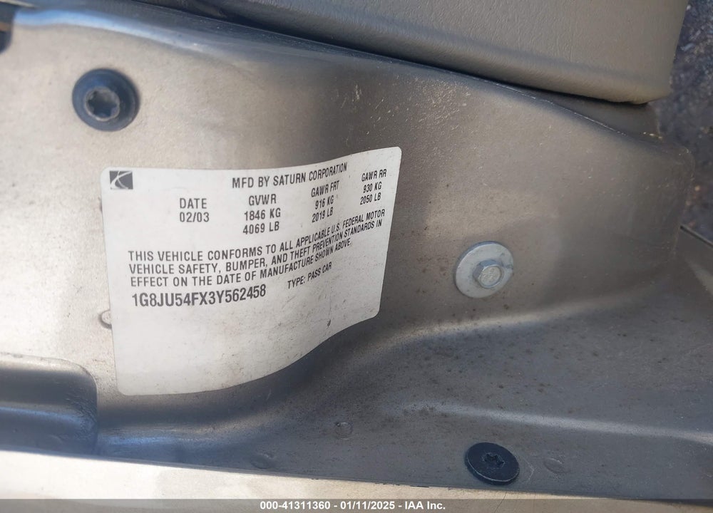 2003 SATURN L-SERIES L200 VIN: 1G8JU54FX3Y562458