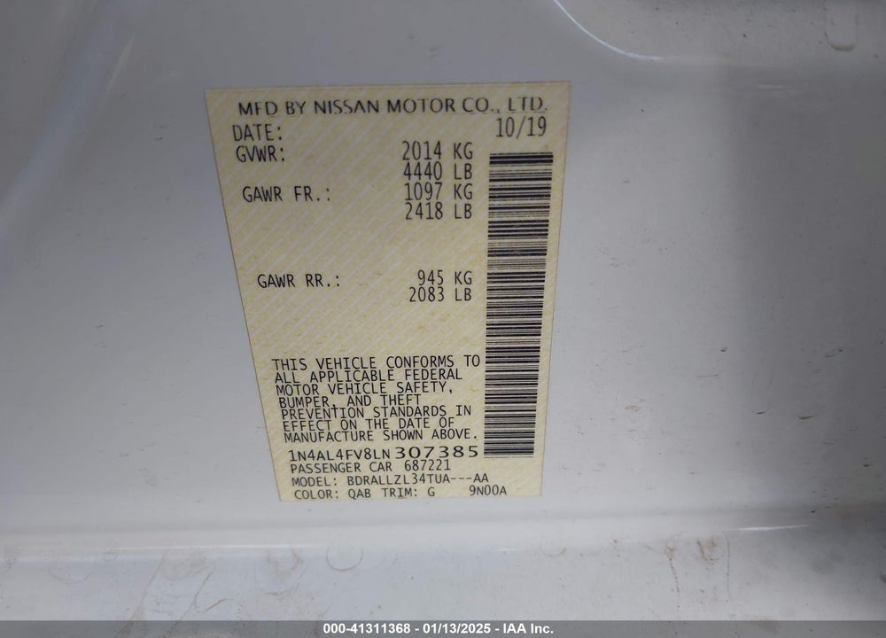 2020 NISSAN ALTIMA VIN: 1N4AL4FV8LN307385