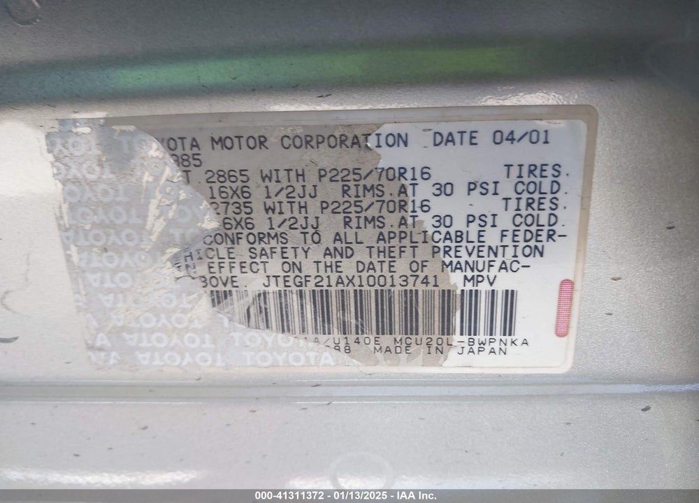2001 TOYOTA HIGHLANDER V6 VIN: JTEGF21AX10013741
