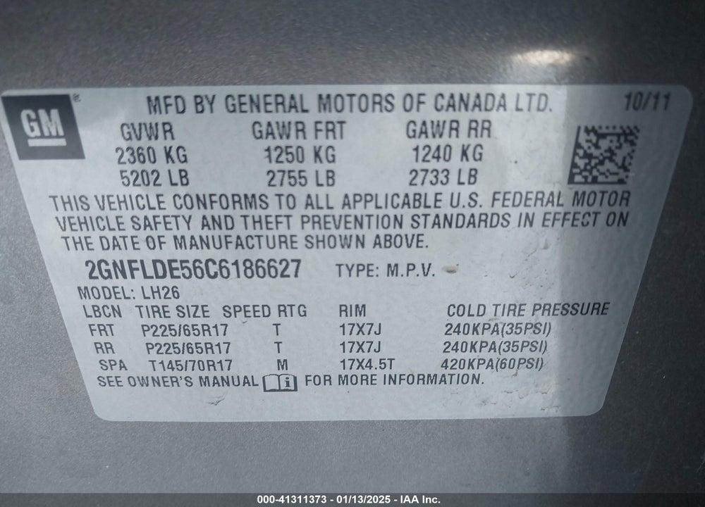 2012 CHEVROLET EQUINOX 1LT VIN: 2GNFLDE56C6186627