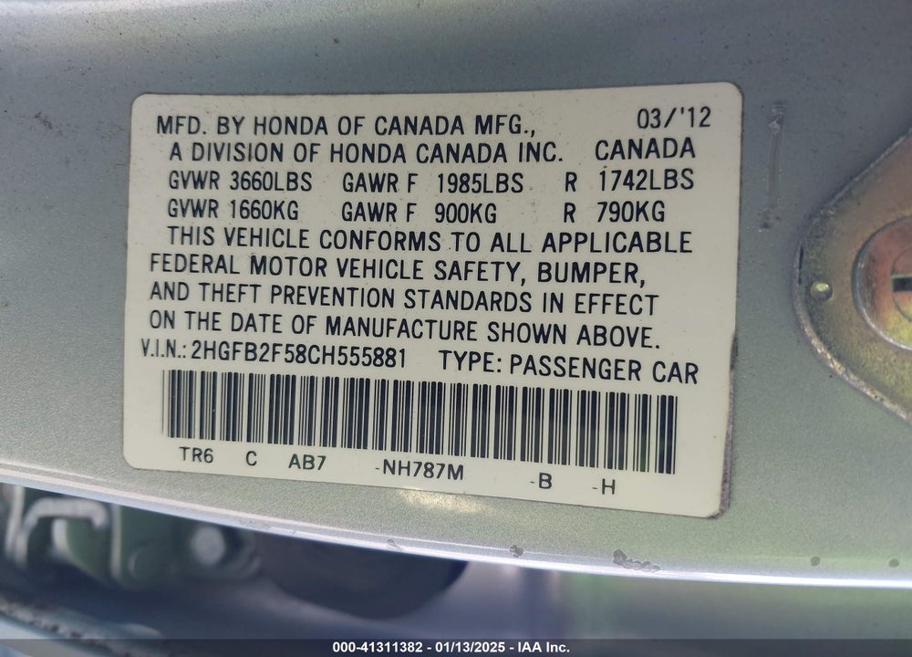 2012 HONDA CIVIC SDN LX VIN: 2HGFB2F58CH555881
