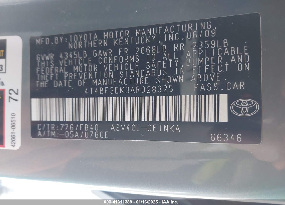2010 TOYOTA CAMRY VIN: 4T4BF3EK3AR028325