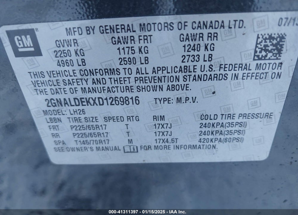 2013 CHEVROLET EQUINOX 1LT VIN: 2GNALDEKXD1269816