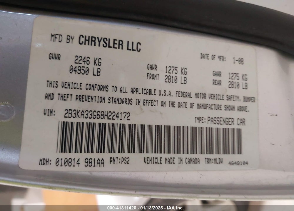 2008 DODGE CHARGER SXT VIN: 2B3KA33G68H224172