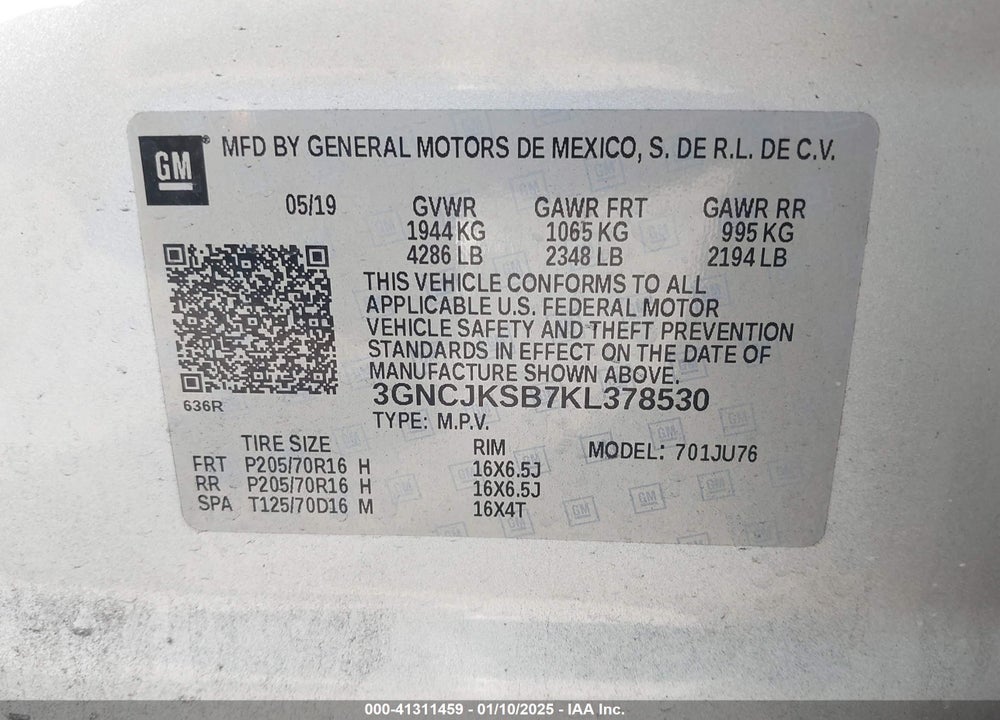 2019 CHEVROLET TRAX LS VIN: 3GNCJKSB7KL378530
