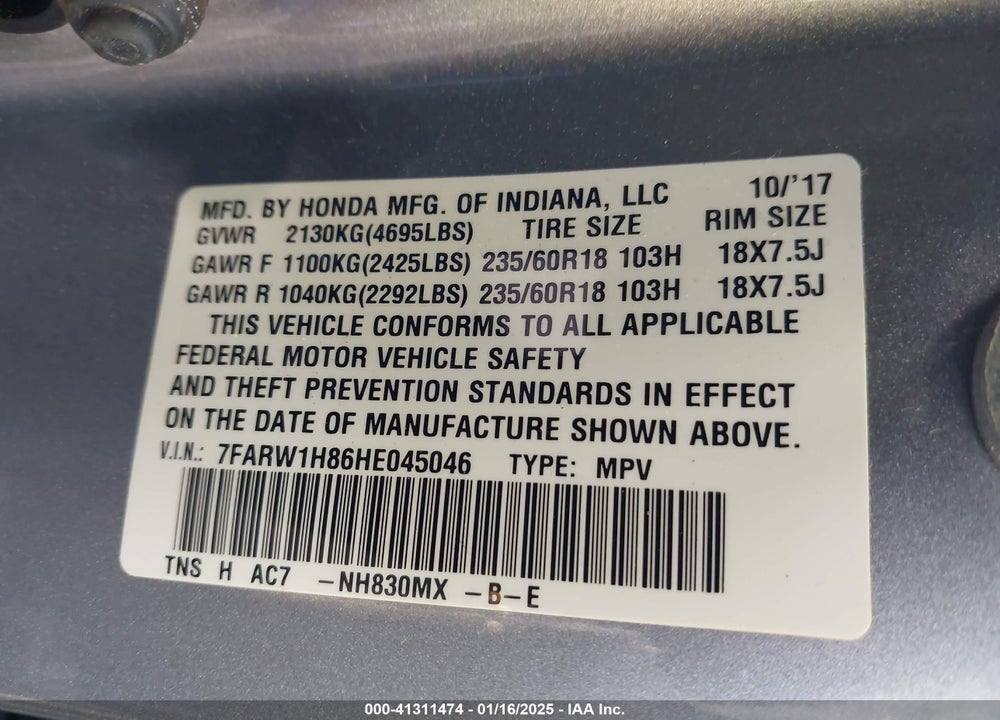 2017 HONDA CR-V EX-L/EX-L NAVI VIN: 7FARW1H86HE045046