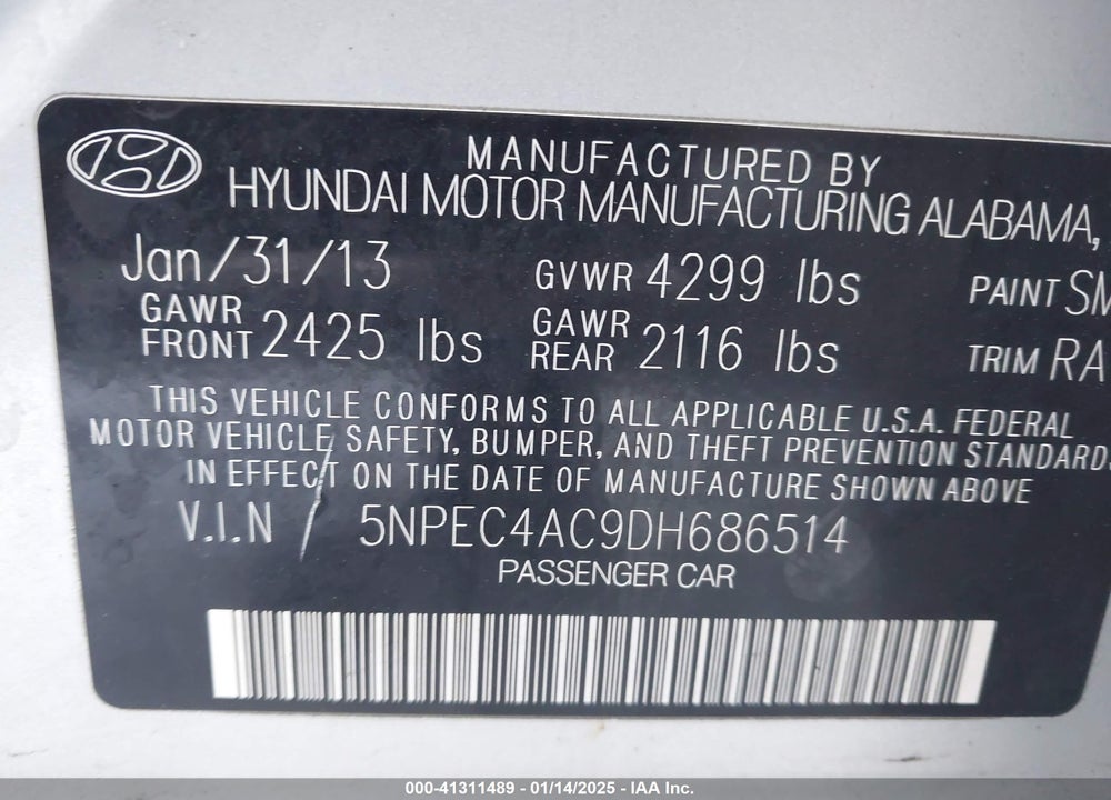 2013 HYUNDAI SONATA VIN: 5NPEC4AC9DH686514