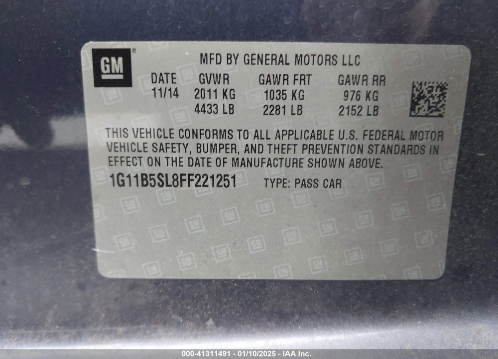 2015 CHEVROLET MALIBU VIN: 1G11B5SL8FF221251