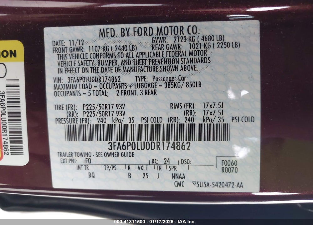 2013 FORD FUSION HYBRID VIN: 3FA6P0LU0DR174862