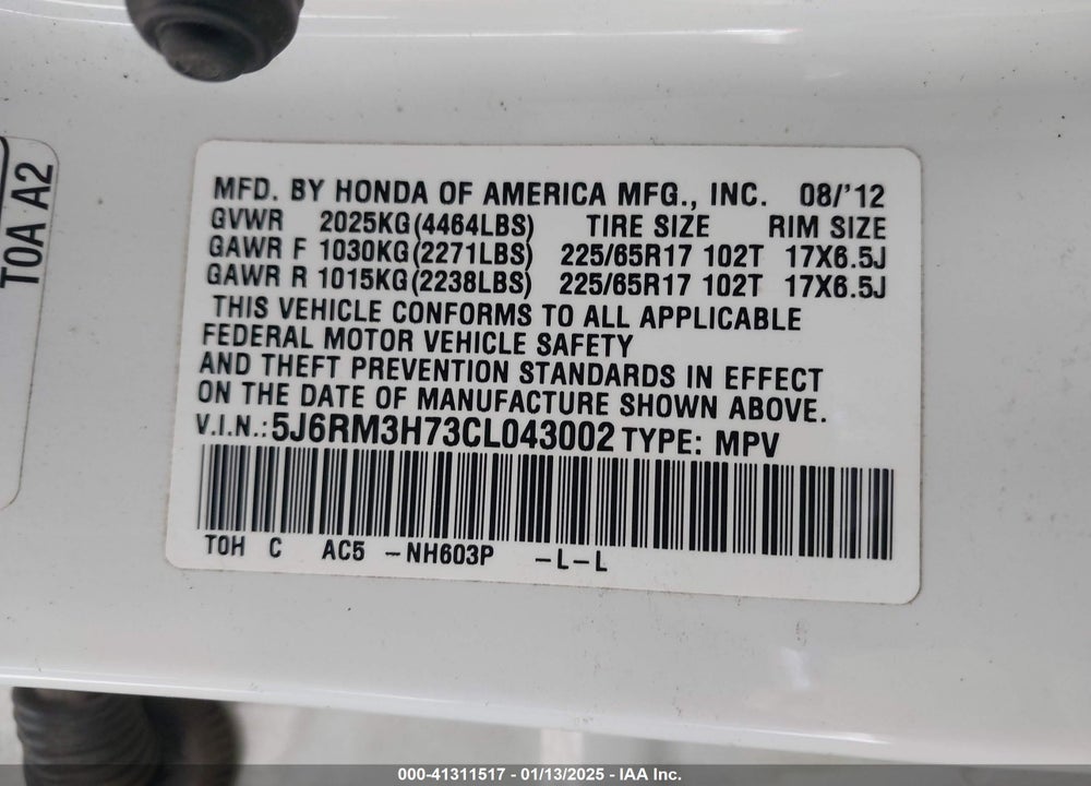 2012 HONDA CR-V EX-L VIN: 5J6RM3H73CL043002