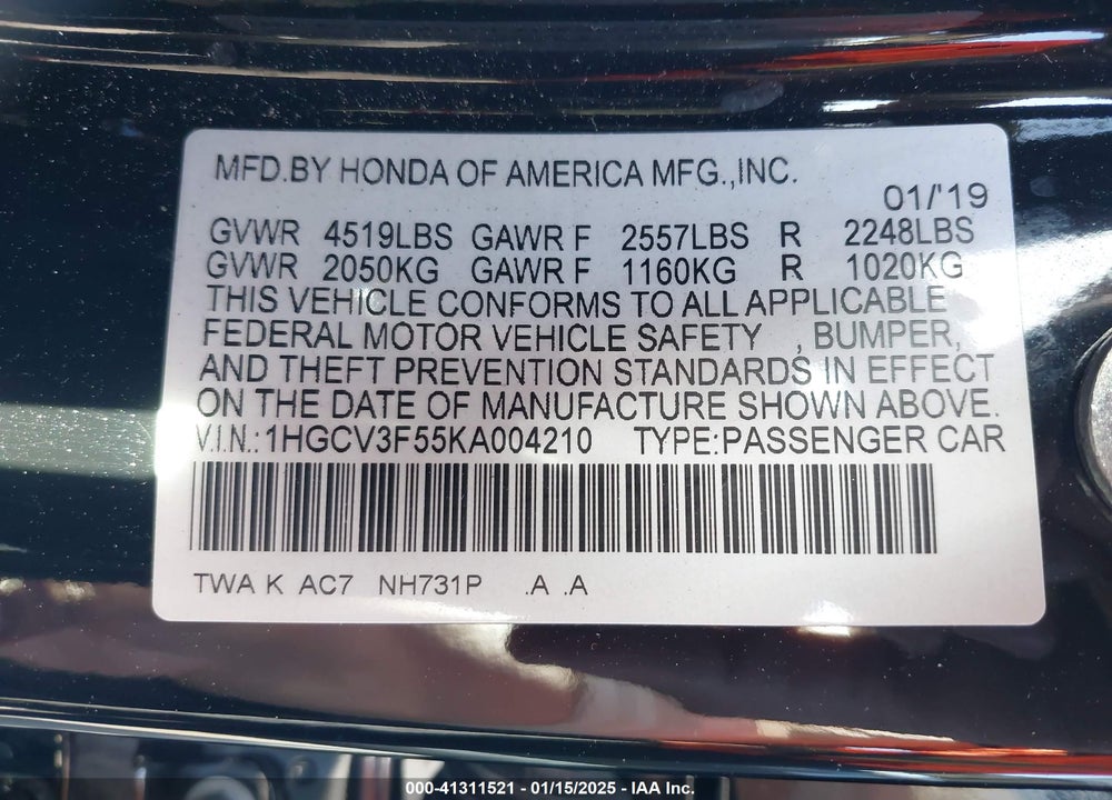 2019 HONDA ACCORD HYBRID EX-L VIN: 1HGCV3F55KA004210