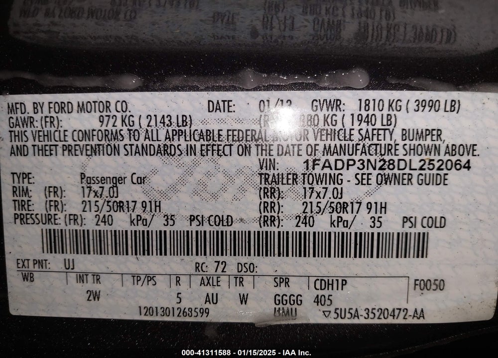 2013 FORD FOCUS VIN: 1FADP3N28DL252064