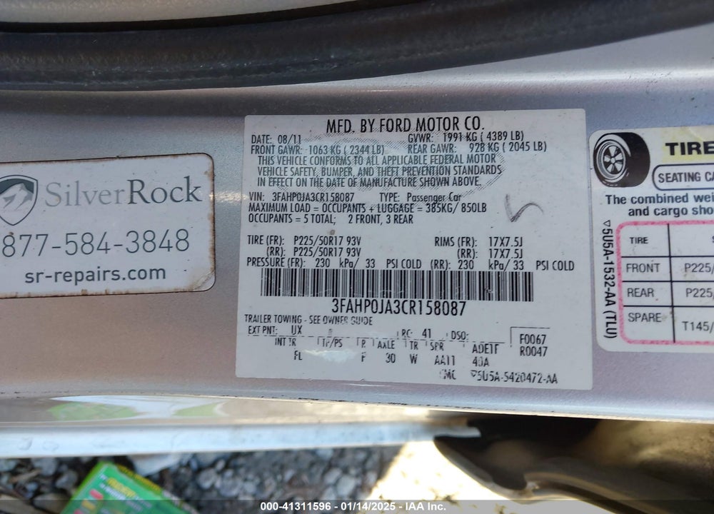 2012 FORD FUSION VIN: 3FAHP0JA3CR158087