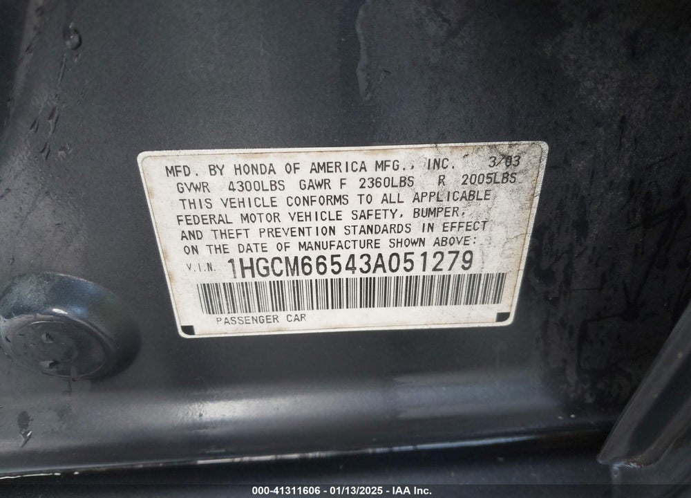 2003 HONDA ACCORD 3.0 EX VIN: 1HGCM66543A051279