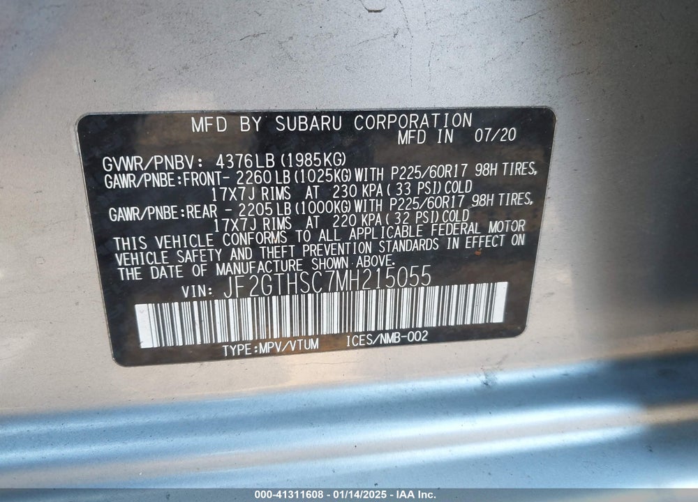 2021 SUBARU CROSSTREK SPORT VIN: JF2GTHSC7MH215055