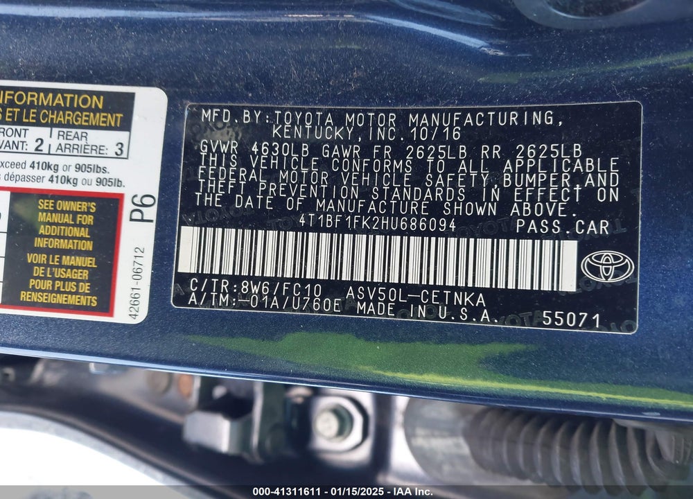 2017 TOYOTA CAMRY VIN: 4T1BF1FK2HU686094