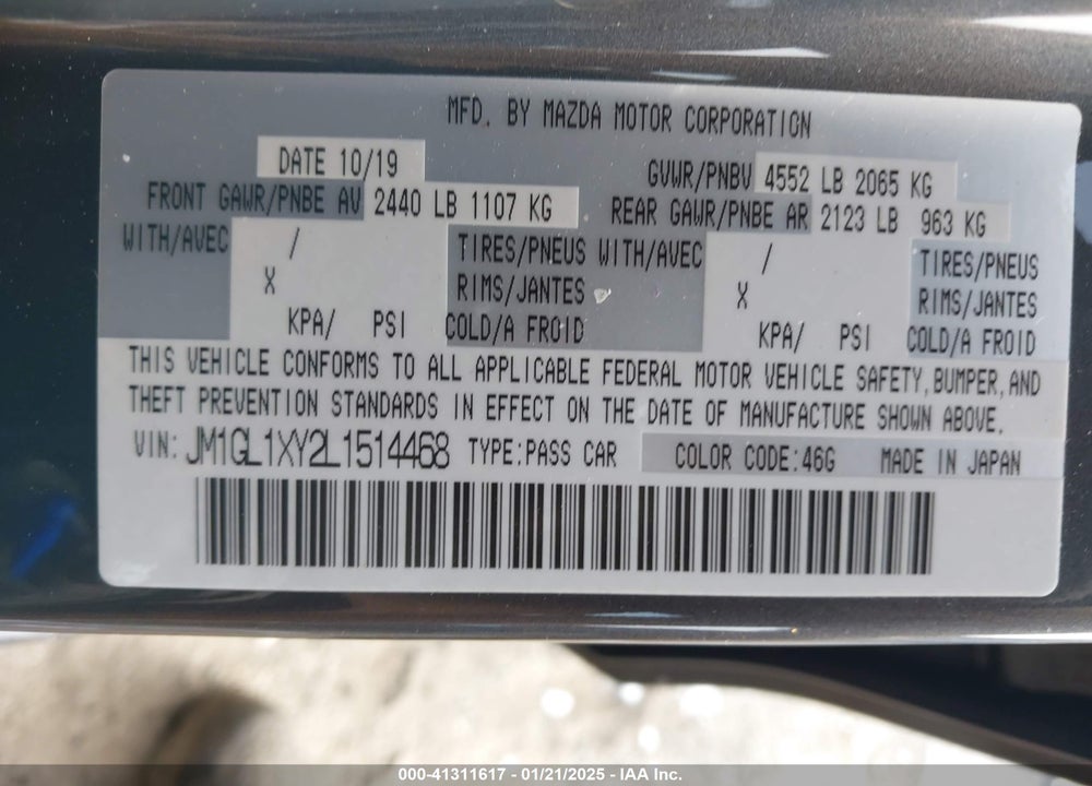 2020 MAZDA 6 SIGNATURE VIN: JM1GL1XY2L1514468