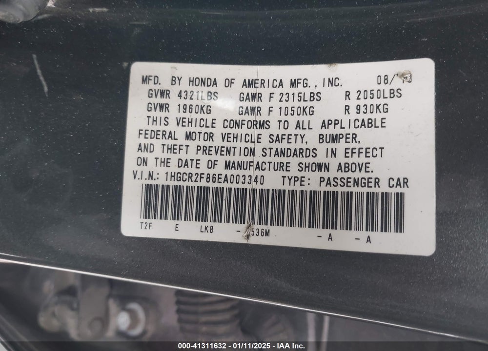 2014 HONDA ACCORD EX-L VIN: 1HGCR2F86EA003340