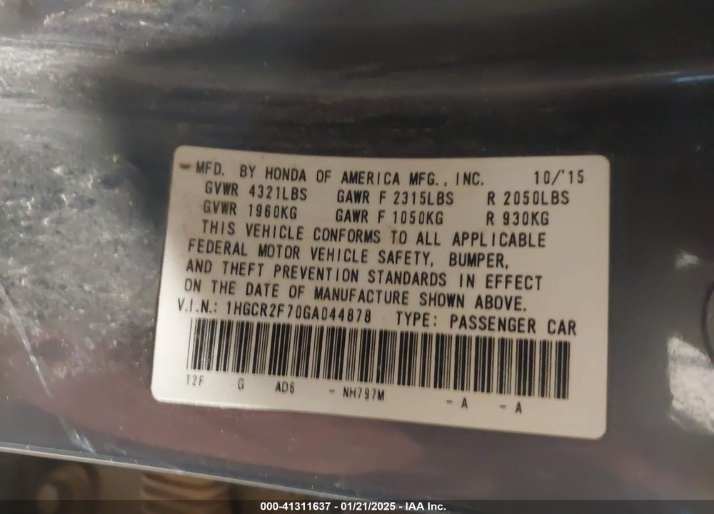 2016 HONDA ACCORD EX VIN: 1HGCR2F70GA044878