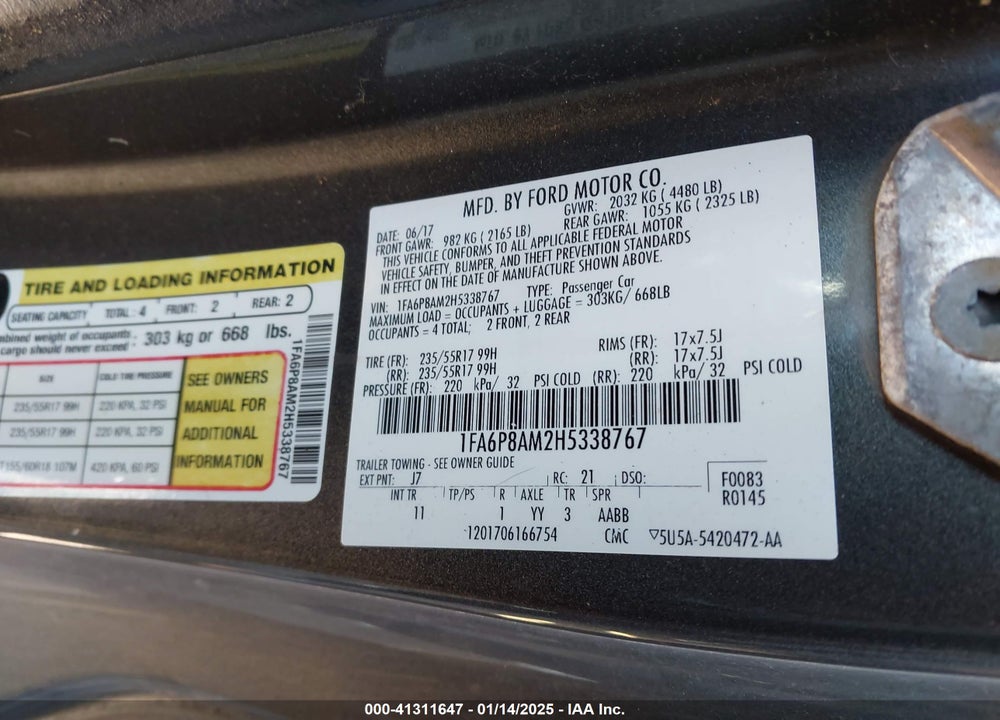 2017 FORD MUSTANG V6 VIN: 1FA6P8AM2H5338767