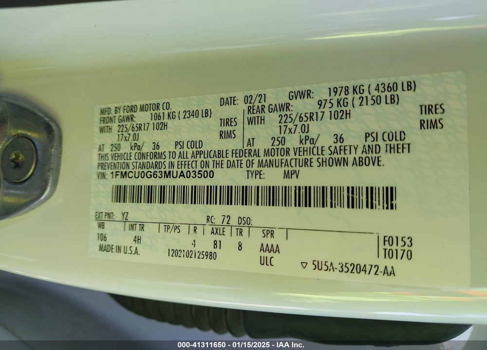 2021 FORD ESCAPE SE VIN: 1FMCU0G63MUA03500