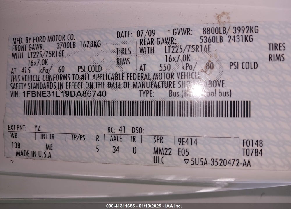 2009 FORD E-350 SUPER DUTY XL/XLT VIN: 1FBNE31L19DA86740