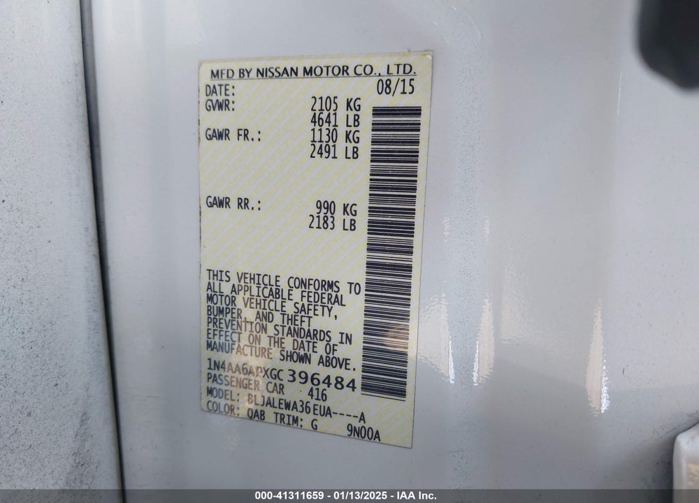 2016 NISSAN MAXIMA VIN: 1N4AA6APXGC396484