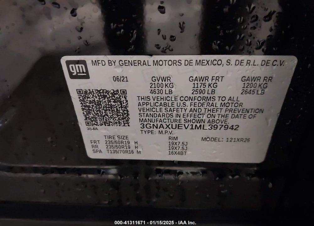 2021 CHEVROLET EQUINOX AWD LT VIN: 3GNAXUEV1ML397942