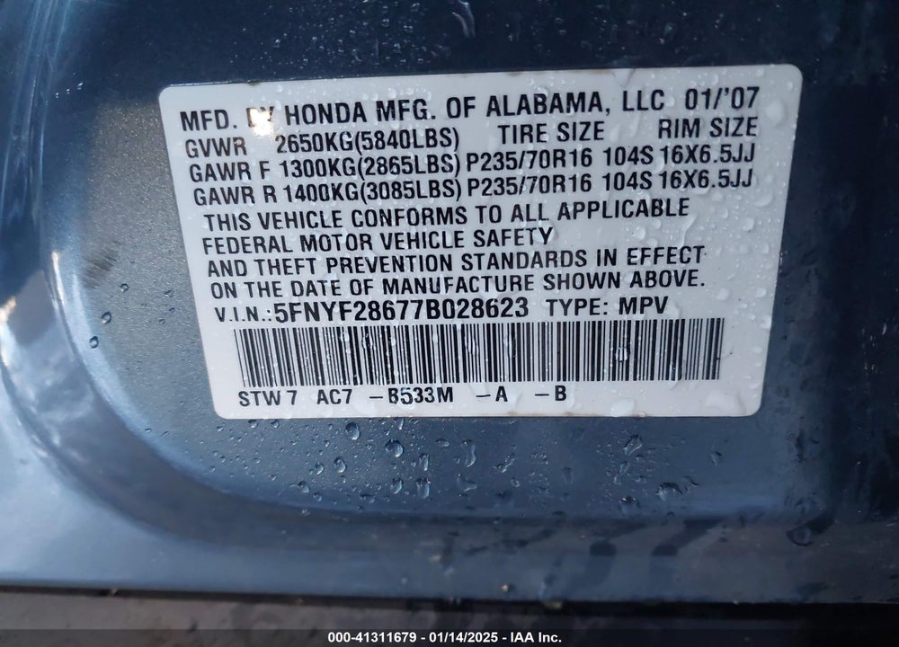 2007 HONDA PILOT EX-L VIN: 5FNYF28677B028623