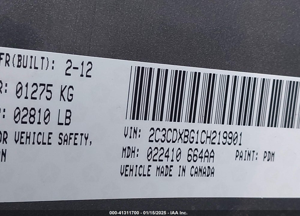 2012 DODGE CHARGER VIN: 2C3CDXBG1CH219901