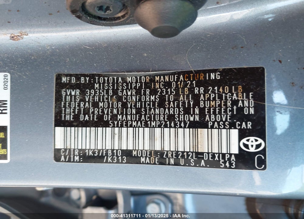 2021 TOYOTA COROLLA VIN: 5YFEPMAE1MP214347