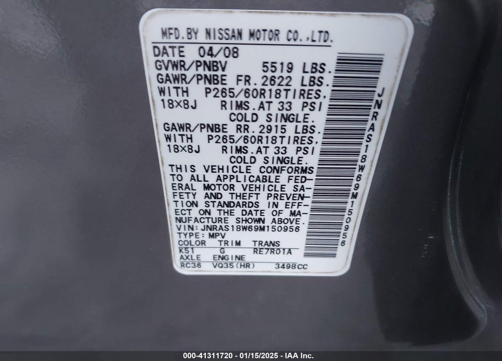 2009 INFINITI FX35 VIN: JNRAS18W69M150956