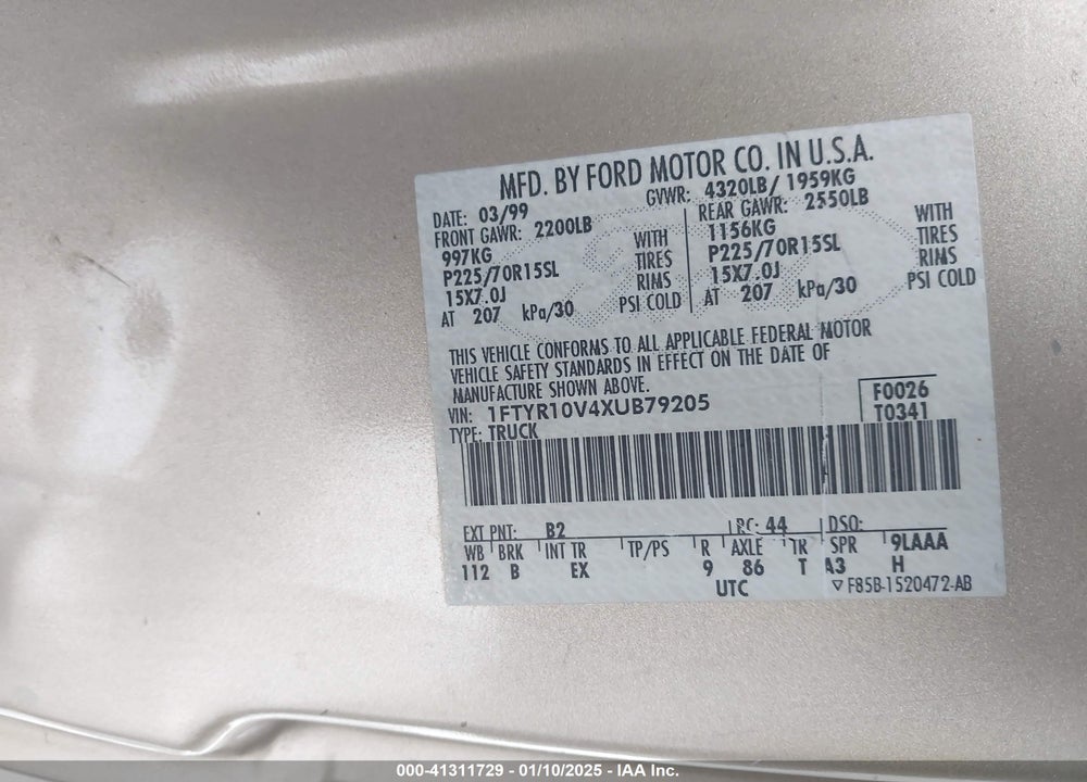 1999 FORD RANGER XL/XLT VIN: 1FTYR10V4XUB79205