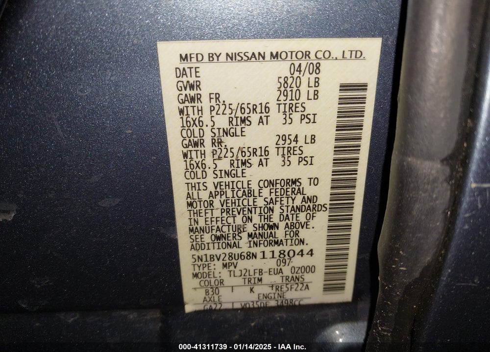 2008 NISSAN QUEST 3.5 VIN: 5N1BV28U68N118044