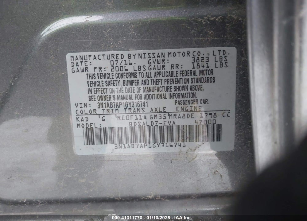 2016 NISSAN SENTRA VIN: 3N1AB7AP1GY316741