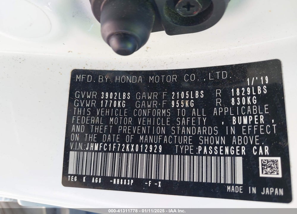 2019 HONDA CIVIC VIN: JHMFC1F72KX012929