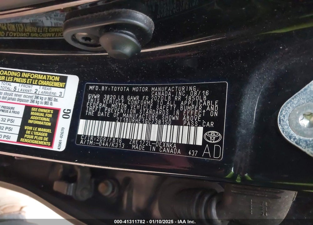 2016 TOYOTA COROLLA VIN: 2T1BURHE1GC738150